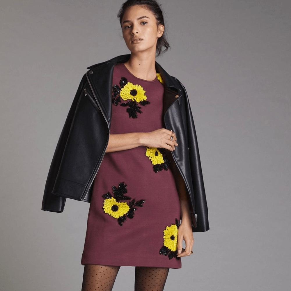 Anthropologie Burgundy Dress with Yellow Floral Accents